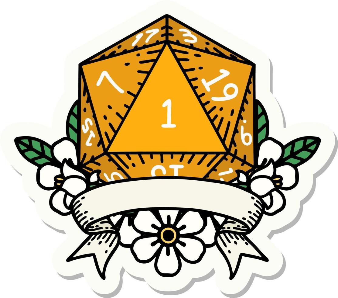 sticker of a natural one d20 dice roll vector