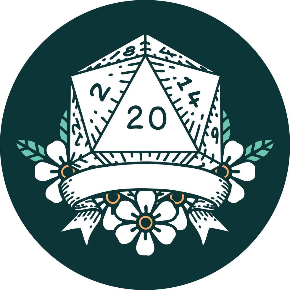 icon of natural 20 critical hit D20 dice roll vector