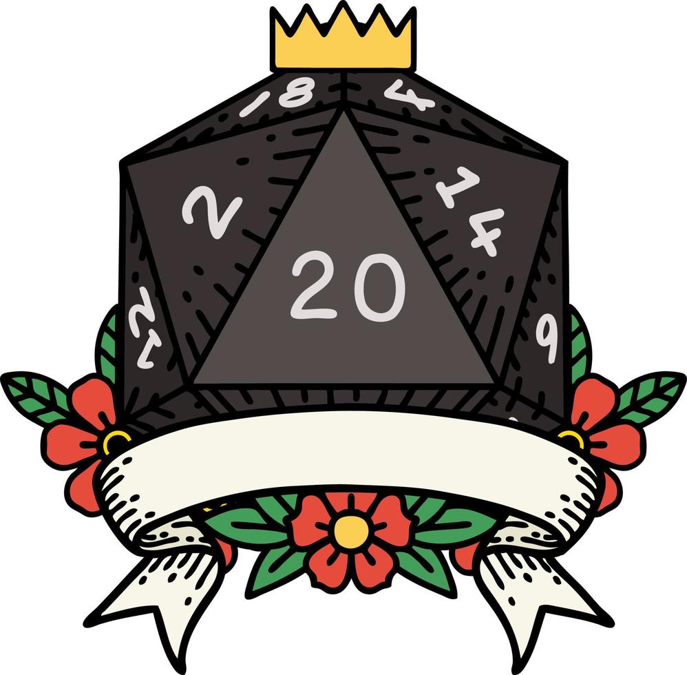 Retro Tattoo Style natural 20 critical hit D20 dice roll vector