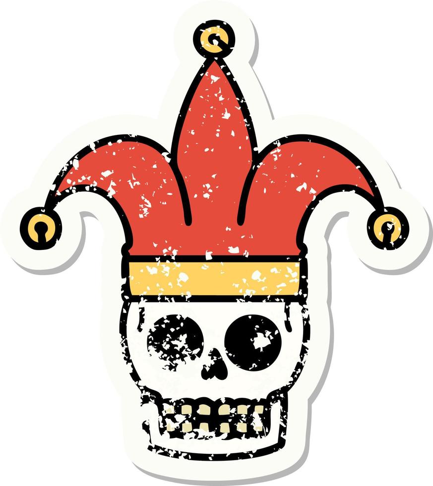 distressed sticker tattoo in traditional style of a skull jester vector