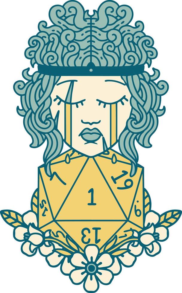 Retro Tattoo Style crying human barbarian with natural one D20 roll vector