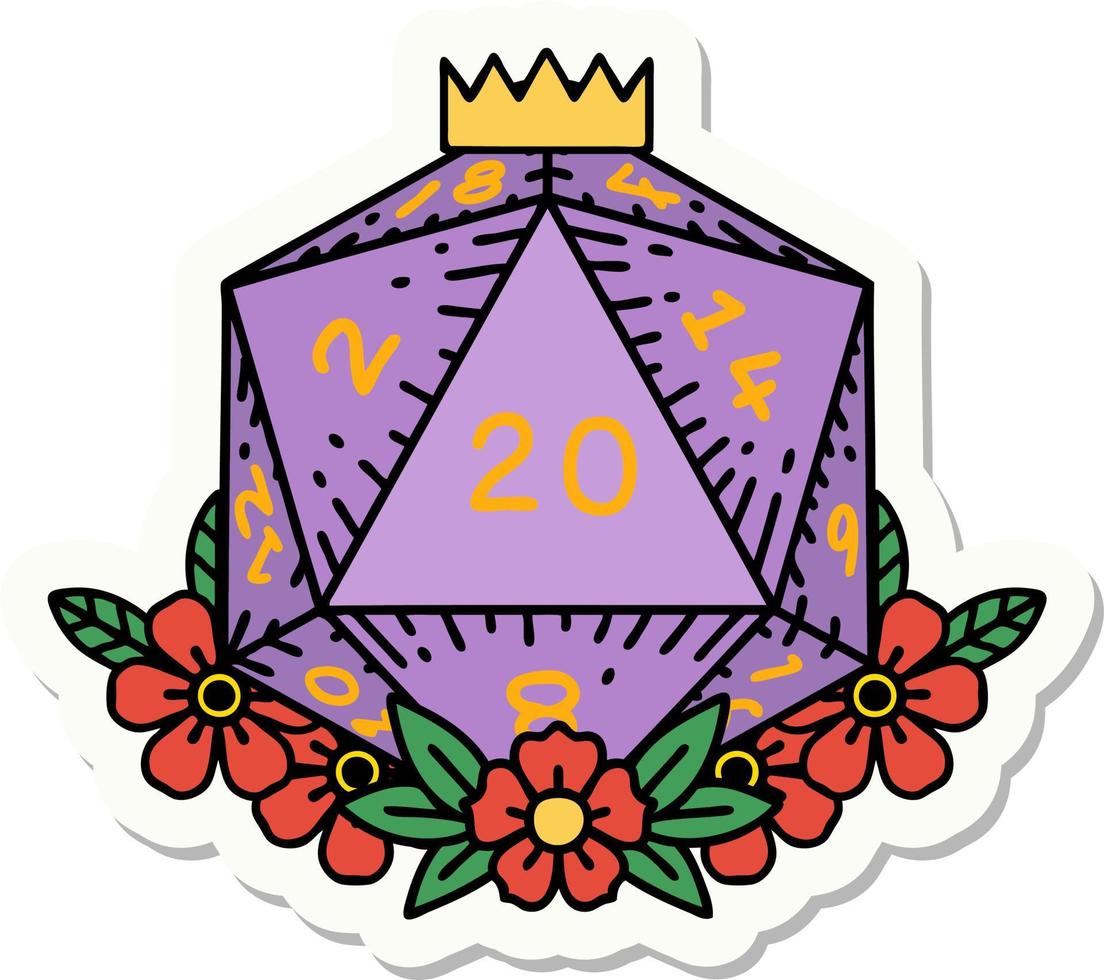 sticker of a natural 20 D20 dice roll with floral elements vector