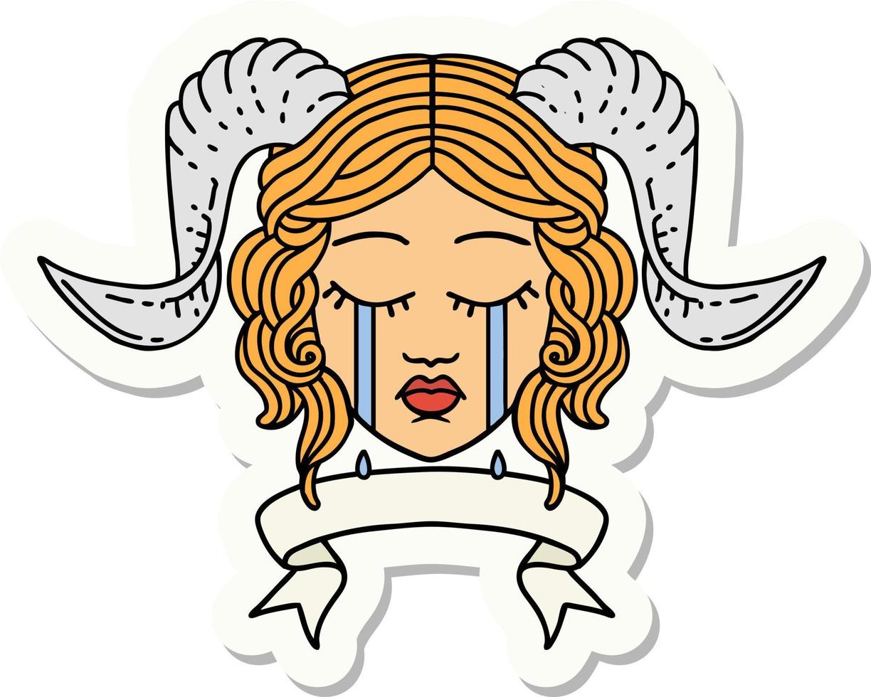 sticker of a crying tiefling with scroll banner vector