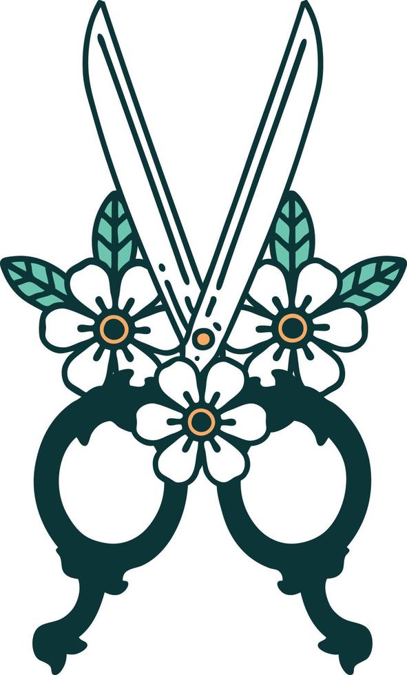 iconic tattoo style image of barber scissors and flowers vector