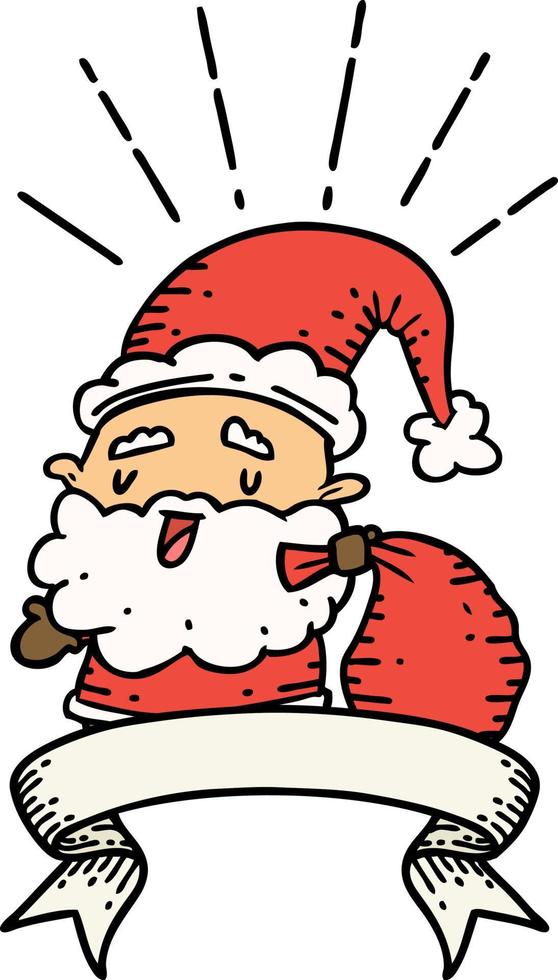 scroll banner with tattoo style santa claus christmas character with sack vector