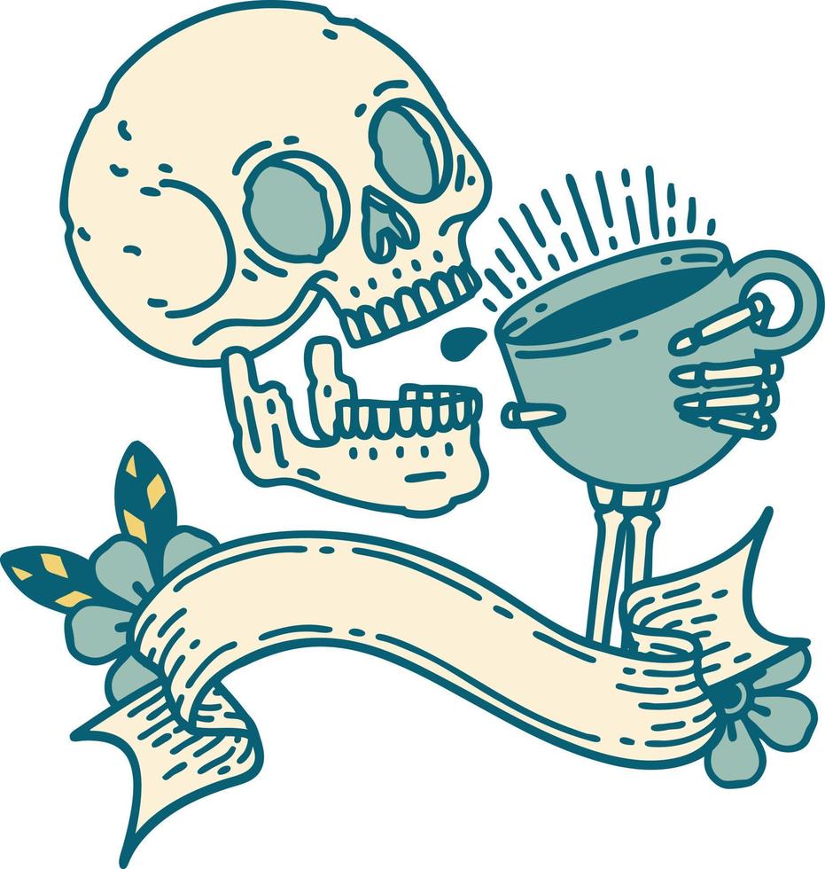 traditional tattoo with banner of a skull drinking coffee vector