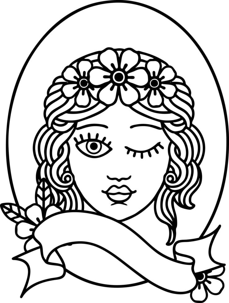 traditional black linework tattoo with banner of a maiden with crown of flowers winking vector