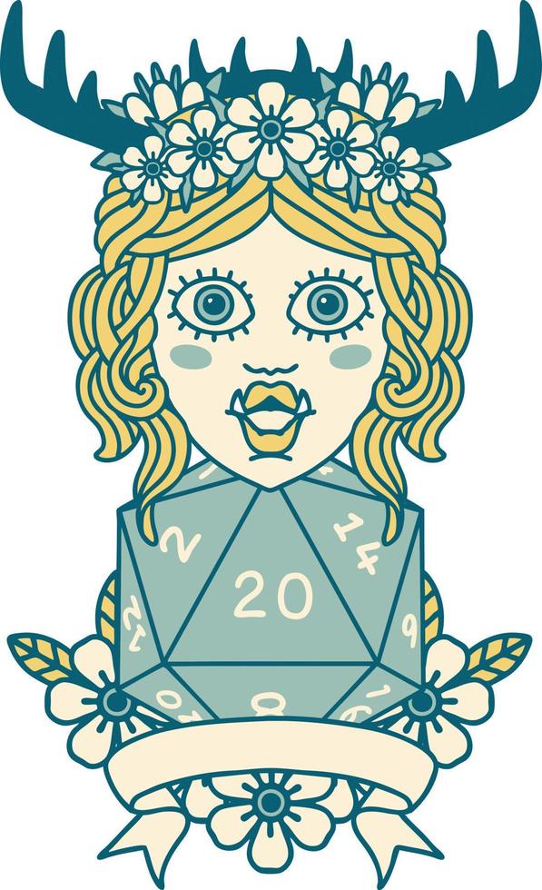 Retro Tattoo Style orc druid character with natural twenty dice roll vector