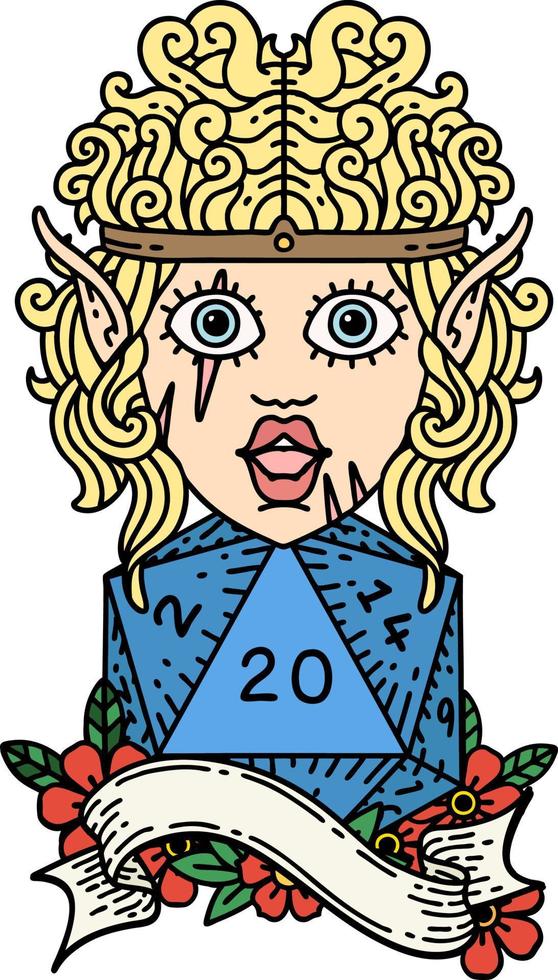 Retro Tattoo Style elf barbarian character with natural twenty dice roll vector