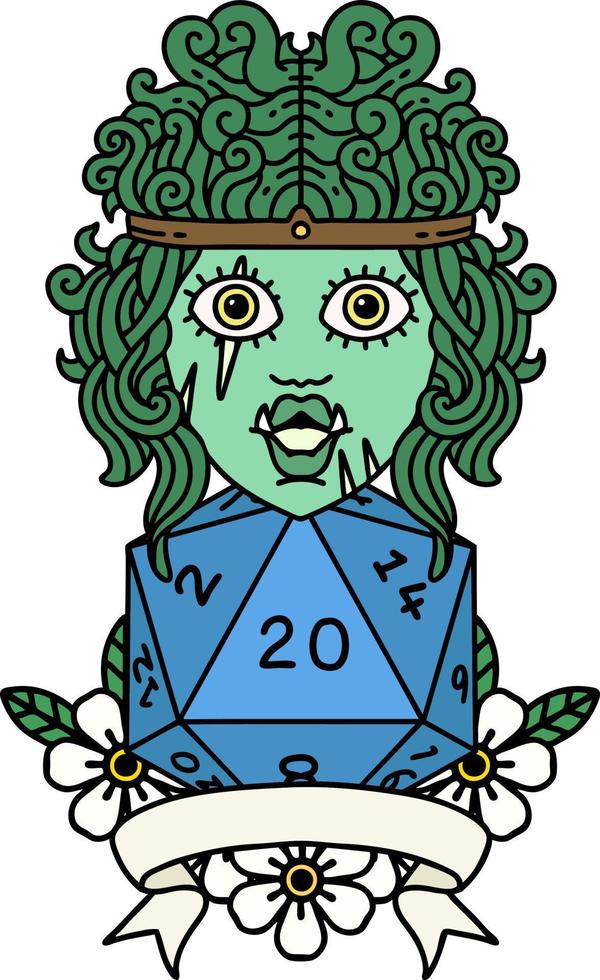 Retro Tattoo Style half orc barbarian character with natural 20 dice roll vector
