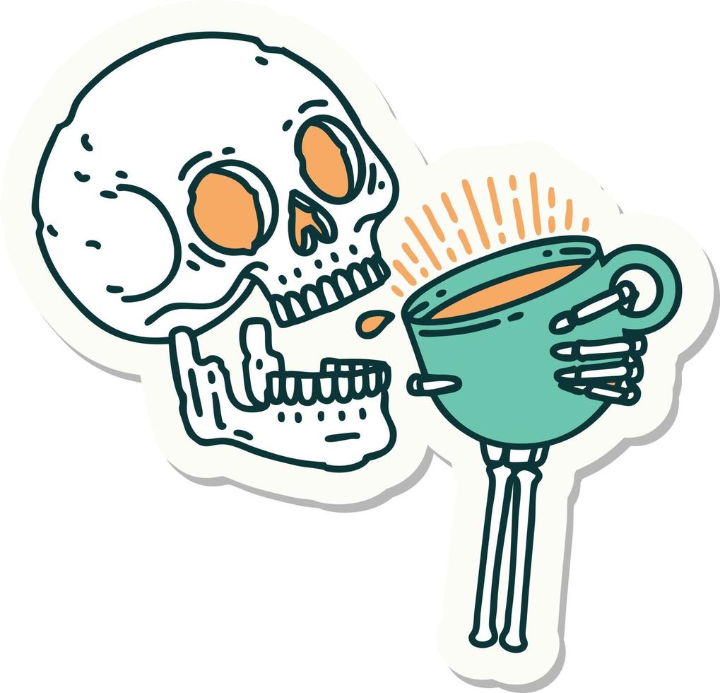 sticker of tattoo in traditional style of a skull drinking coffee vector