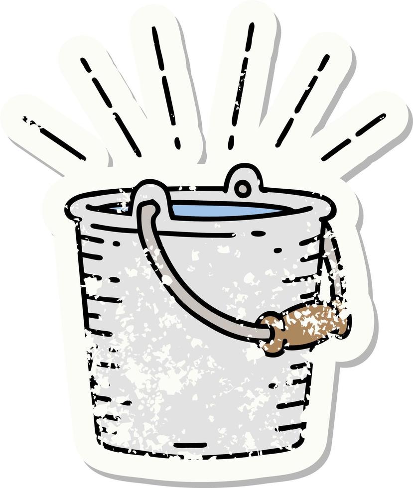 worn old sticker of a tattoo style bucket of water vector