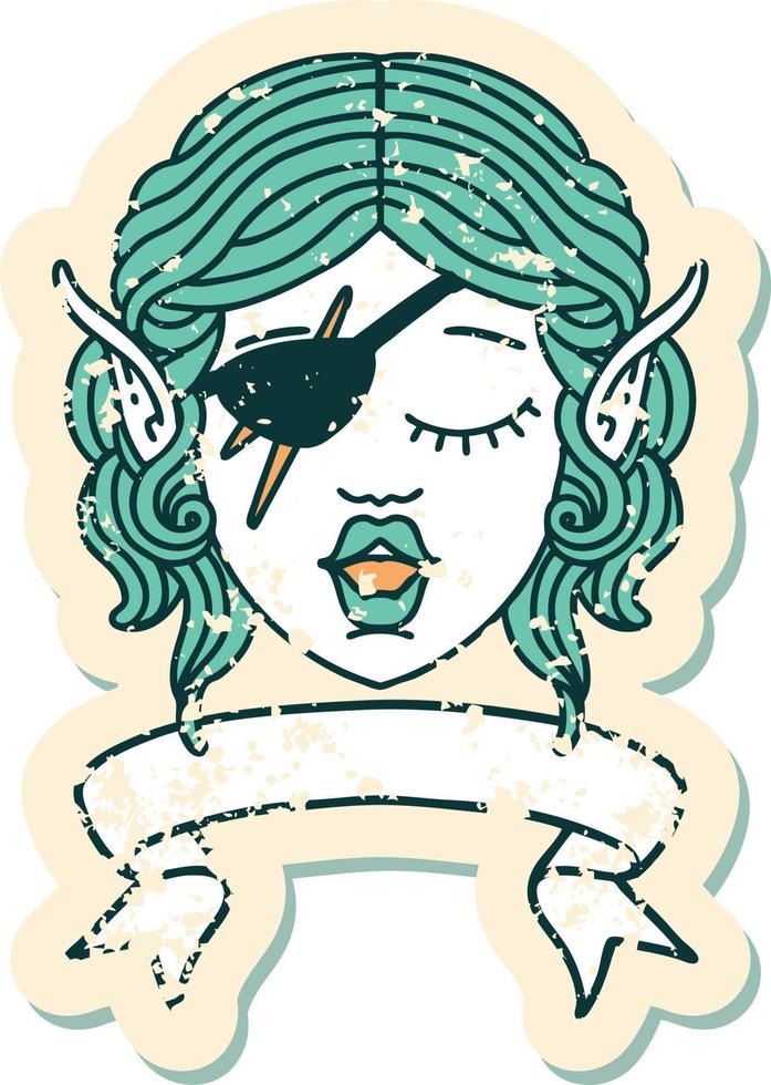 Retro Tattoo Style elf rogue character face with banner vector