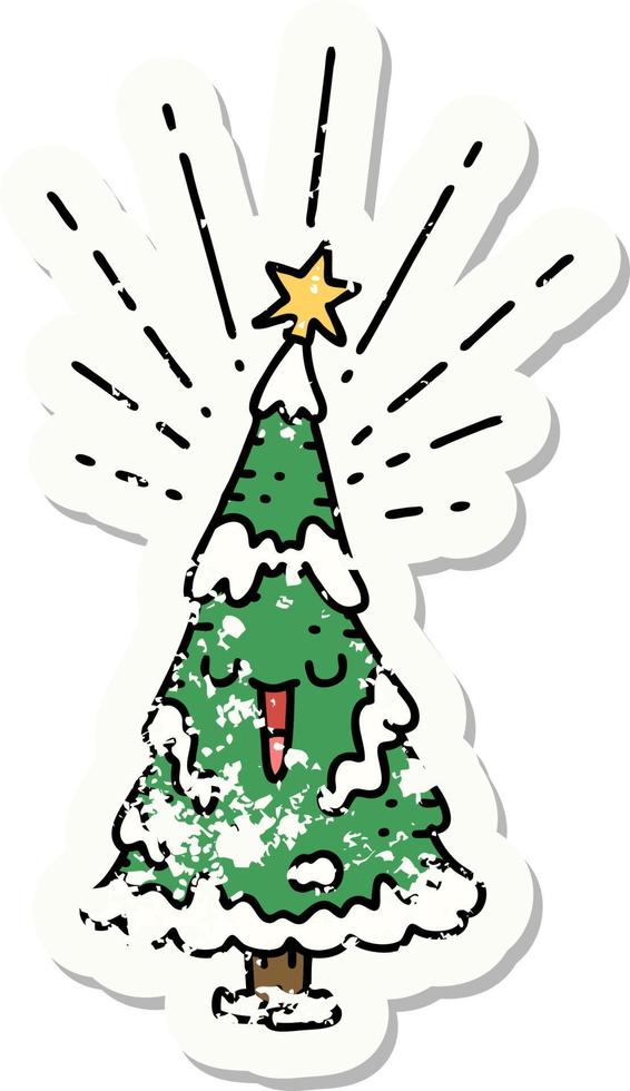 worn old sticker of a tattoo style happy christmas tree vector