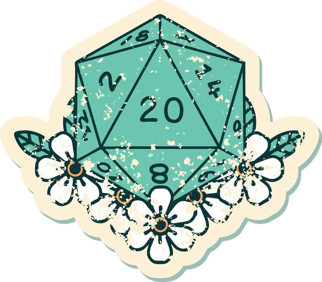 grunge sticker of a natural 20 D20 dice roll with floral elements vector