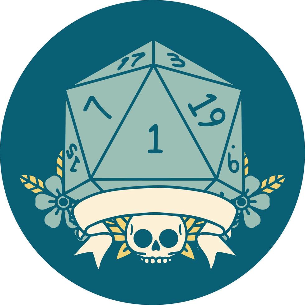 Retro Tattoo Style natural one d20 dice roll vector