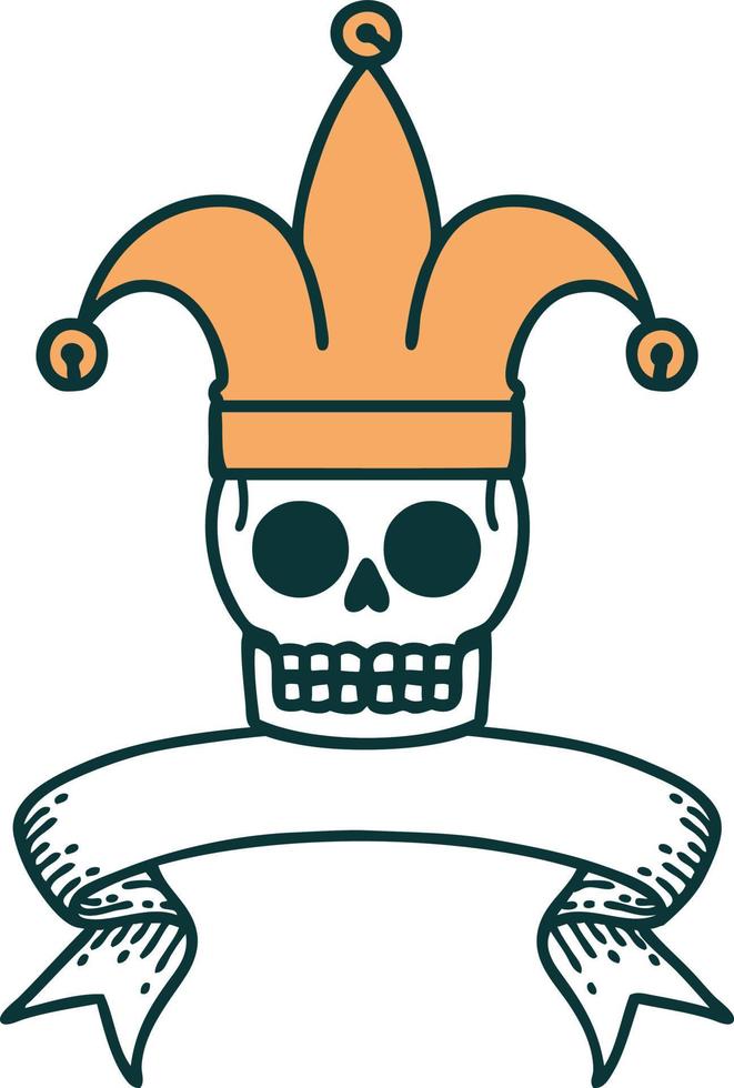 traditional tattoo with banner of a skull jester vector