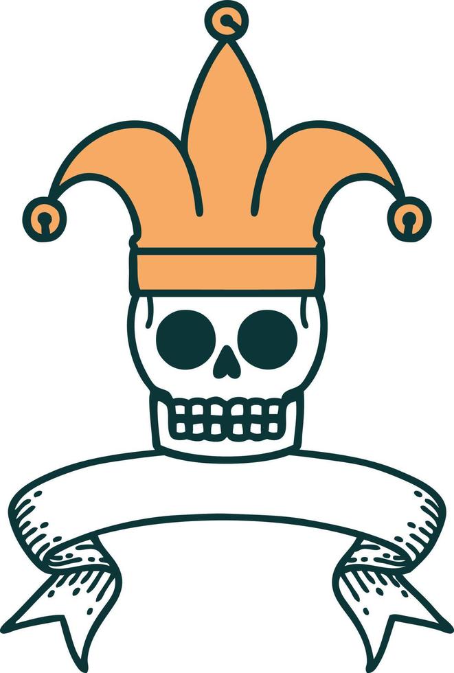 traditional tattoo with banner of a skull jester vector