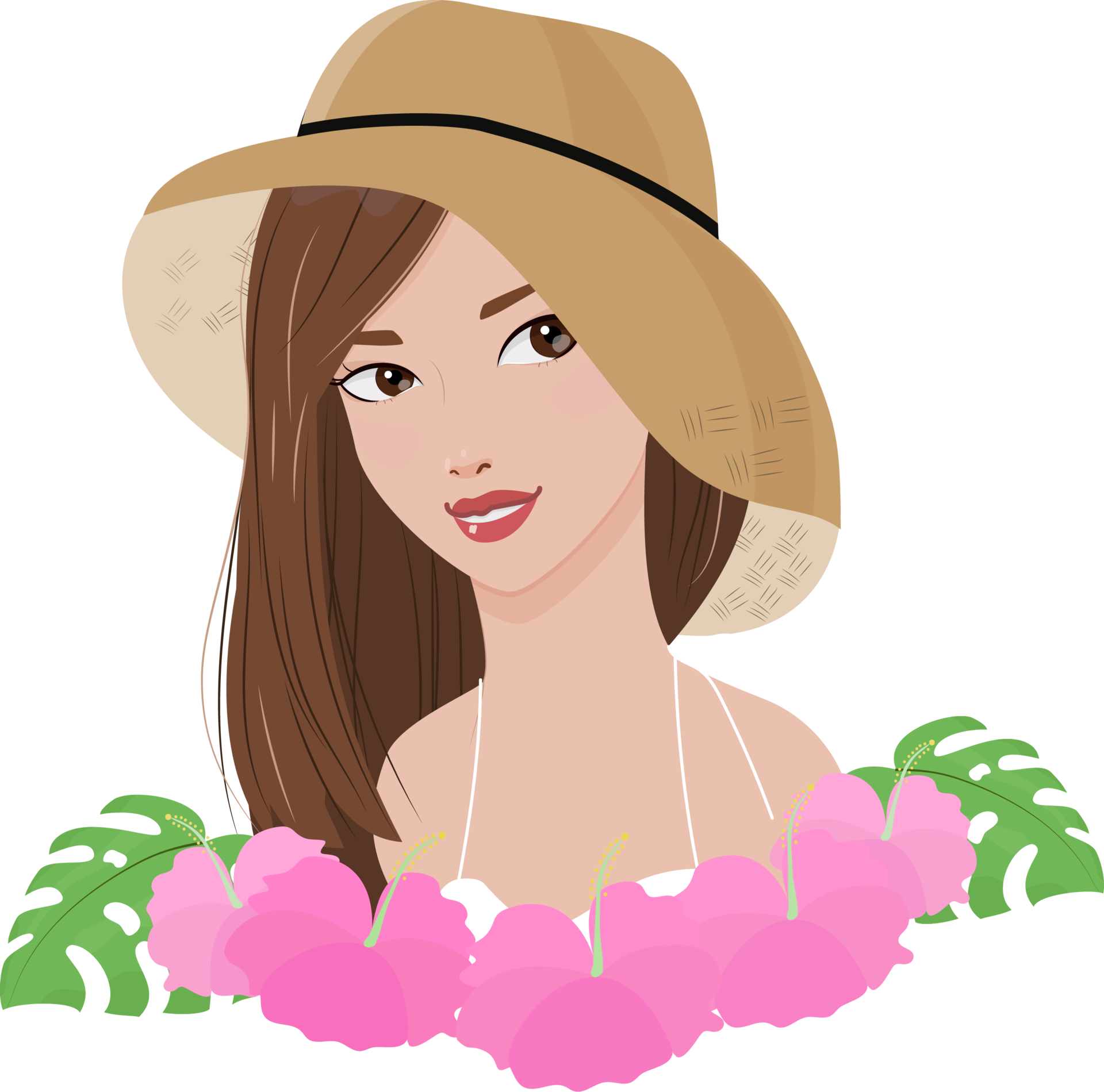 Free beautiful woman wear sun hat portrait with pink hibiscus flower ...