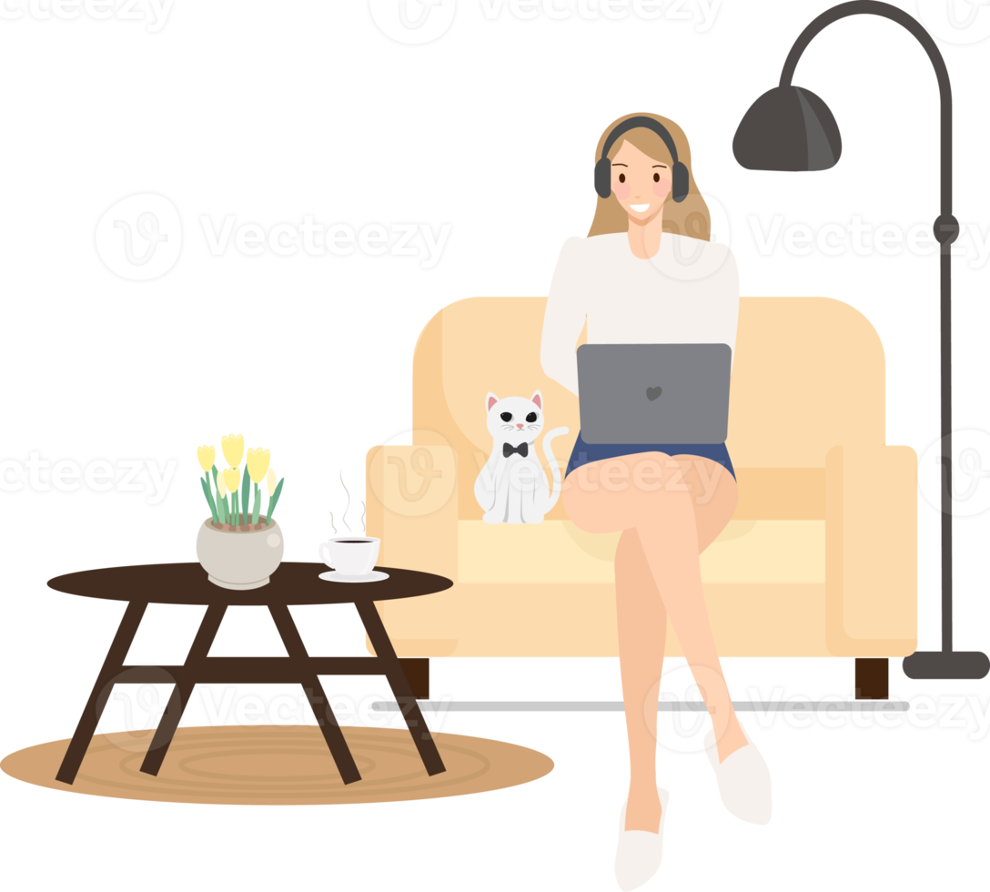 happy young woman work or study online at home with white pet cat flat style png