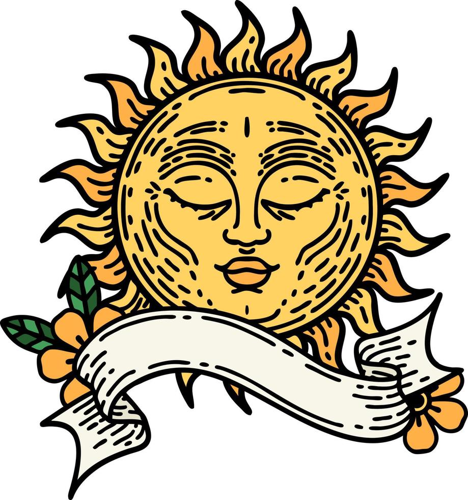 traditional tattoo with banner of a sun vector