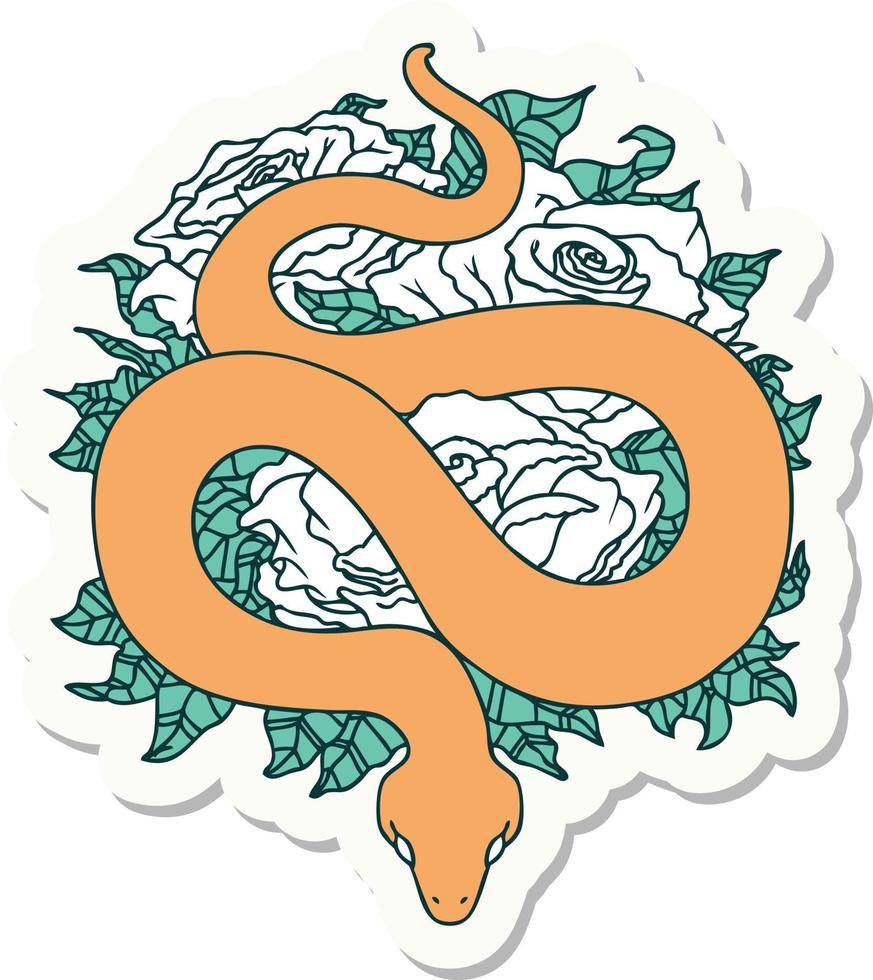 sticker of tattoo in traditional style of snake and roses vector