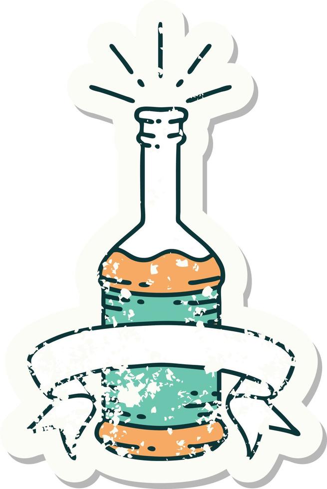 worn old sticker of a tattoo style beer bottle vector