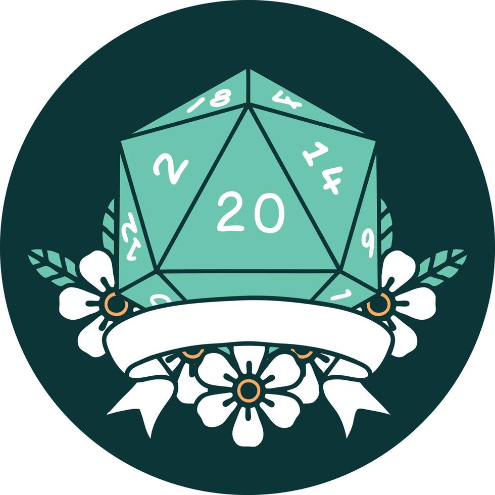 icon of natural 20 critical hit D20 dice roll vector