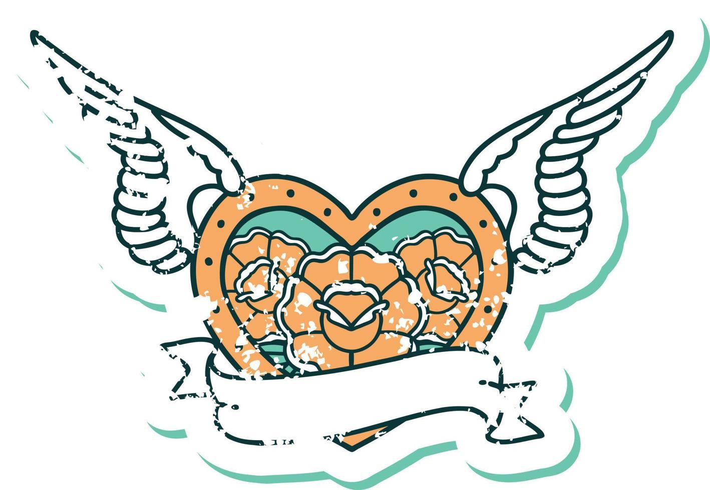 icónica imagen de estilo de tatuaje de pegatina angustiada de un corazón volador con flores y pancarta vector