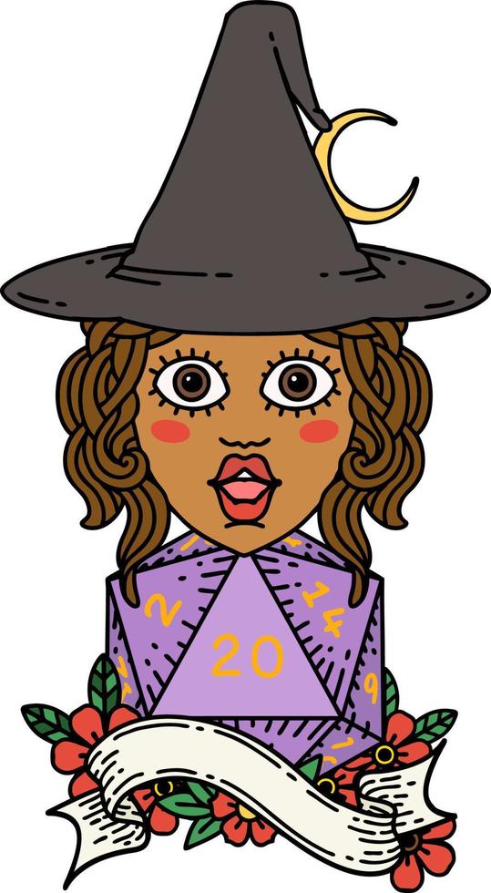 Retro Tattoo Style human mage with natural 20 D20 dice roll vector