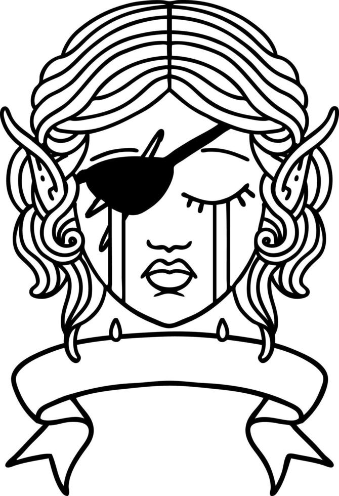 Black and White Tattoo linework Style crying elf rogue character face with banner vector