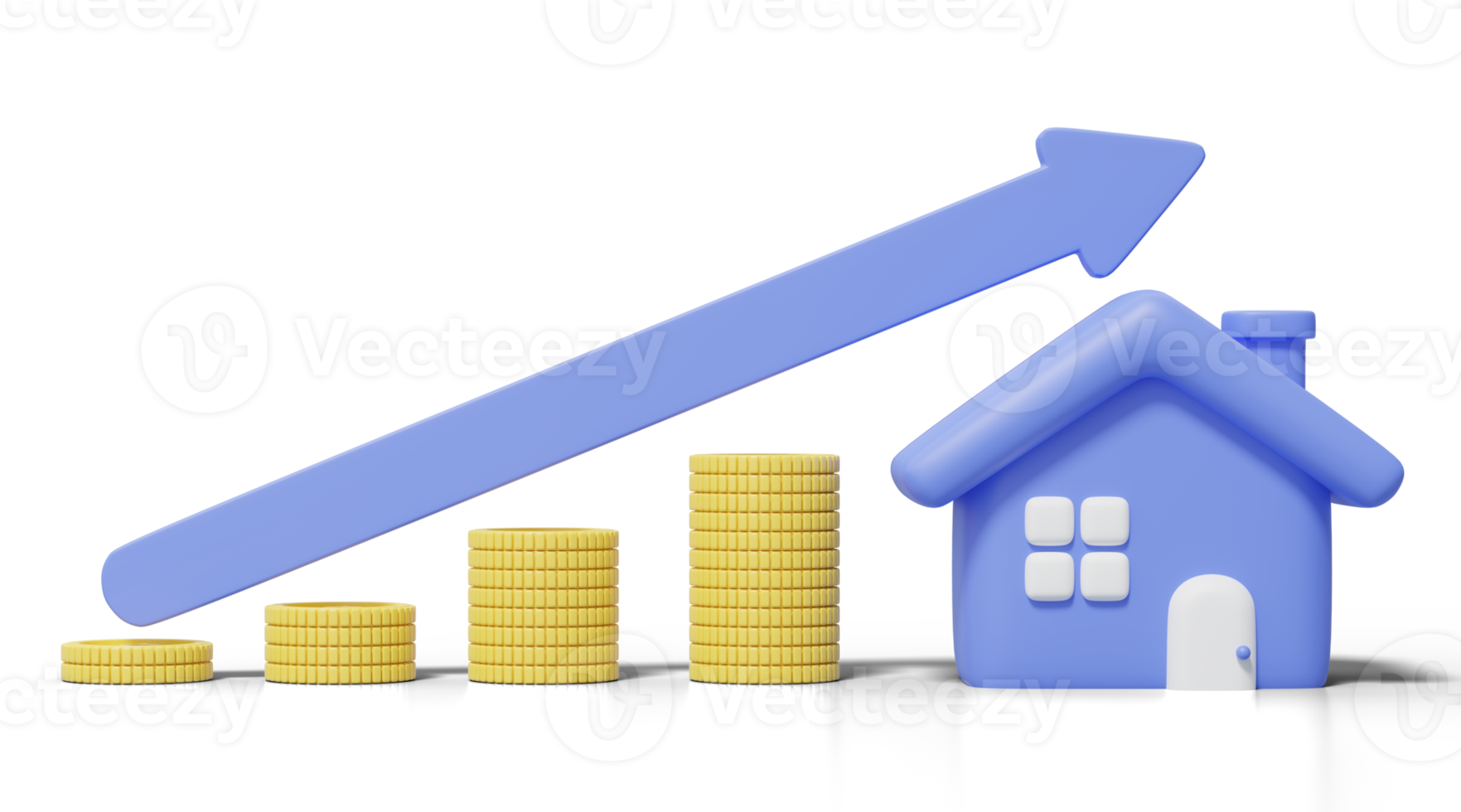 3d guld mynt stack med hus på blå pil upp på transparent. Hem modell med fönster, dörr ikon. finansiell investering tillväxt begrepp. attrapp tecknad serie ikon minimal stil. 3d framställa illustration. png