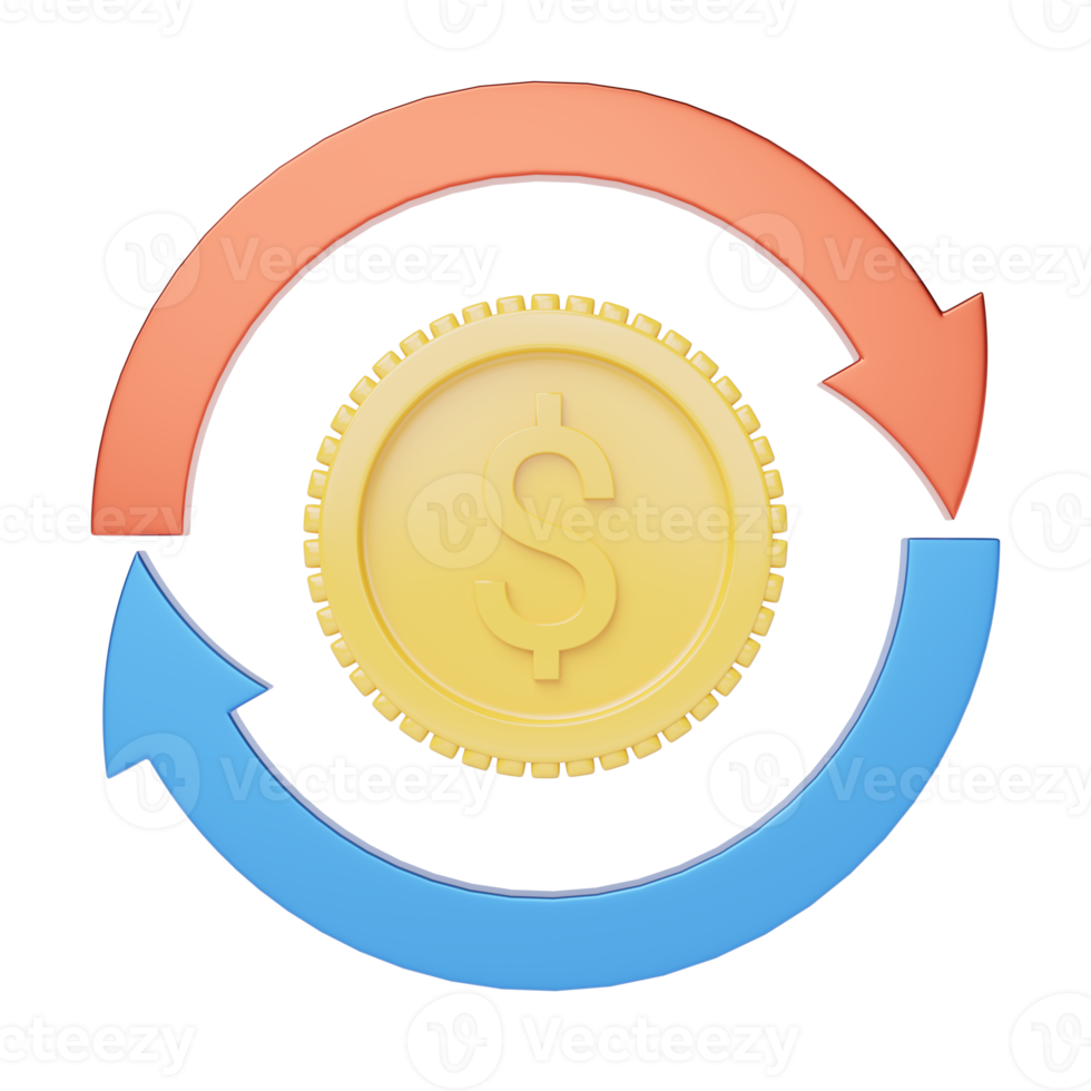 pièce d'or et icône de flèches de transfert rouge sur transparent. banque mobile et service de paiement en ligne. remise en argent et remboursement. échange de devises. économiser de l'argent et du concept d'entreprise. rendu 3d. png