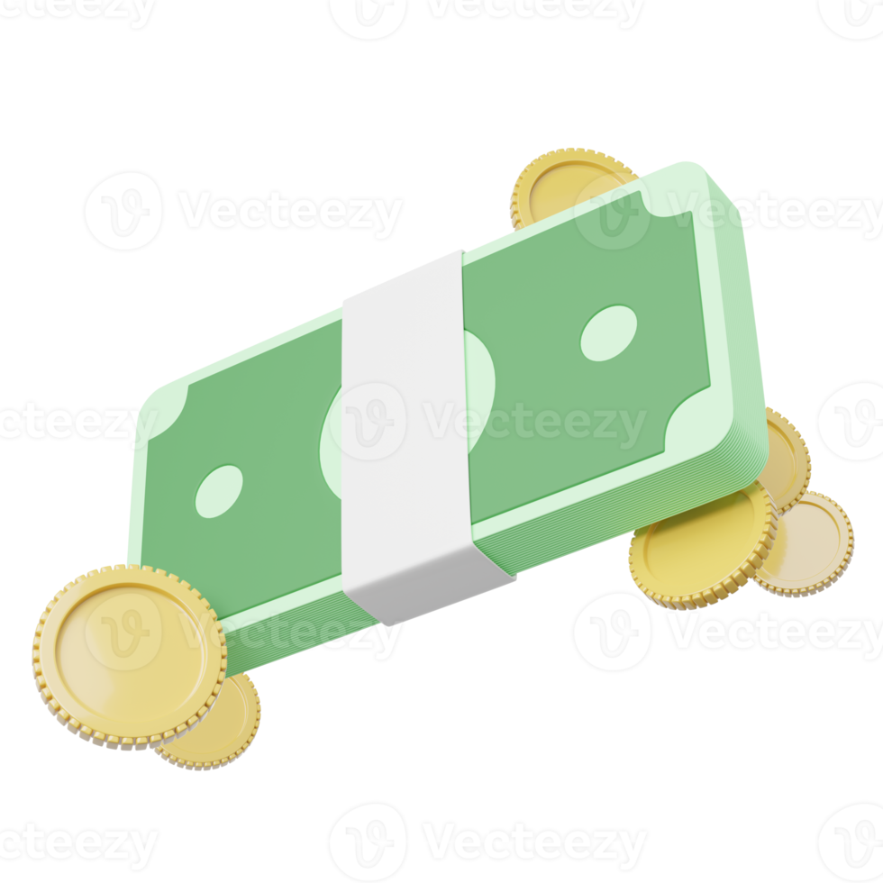 Bundles cash, gold coins floating on transparent. Mobile banking and Online payment service. Saving money wealth and business. Bonus cash back and refund cartoon style. Cashback 3d icon render. png