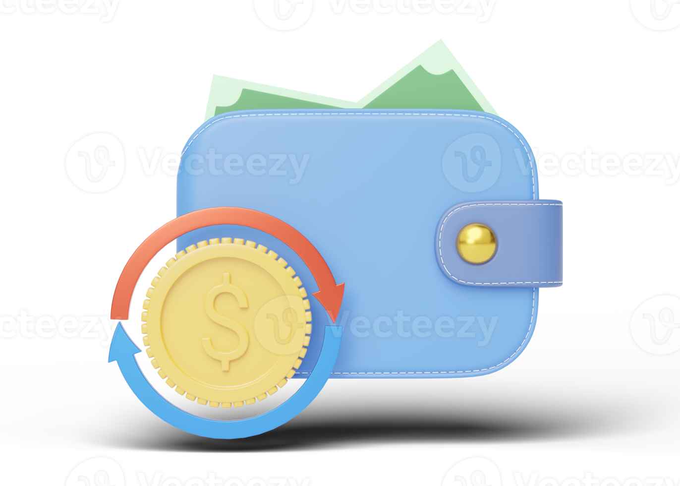 Cash money into blue wallet, coin, red transfer arrows icon float on transparent. Mobile banking and Online payment. Cash back and refund. Currency exchange. Saving money wealth concept. 3d rendering. png