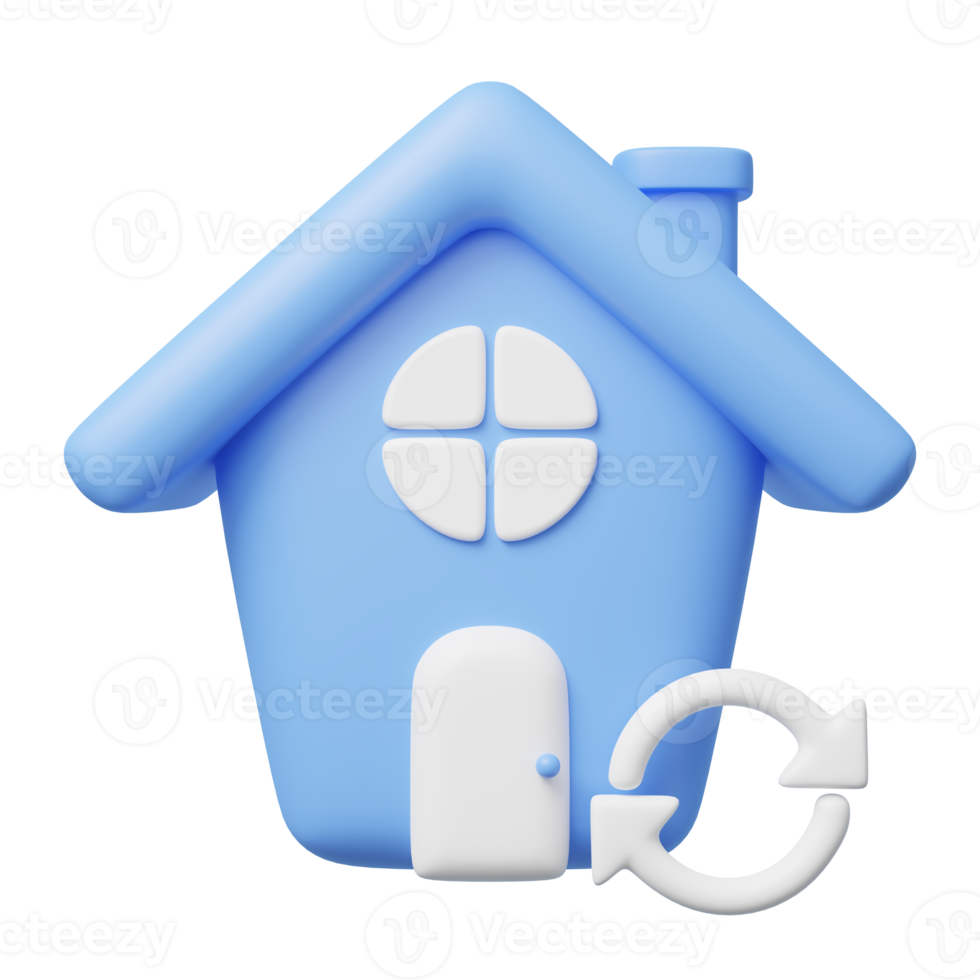 3d blue house with windows, door icon. home model, round arrow floating on transparent. Business about investment, real estate, mortgage. Mockup cartoon icon minimal style. 3d render illustration. png