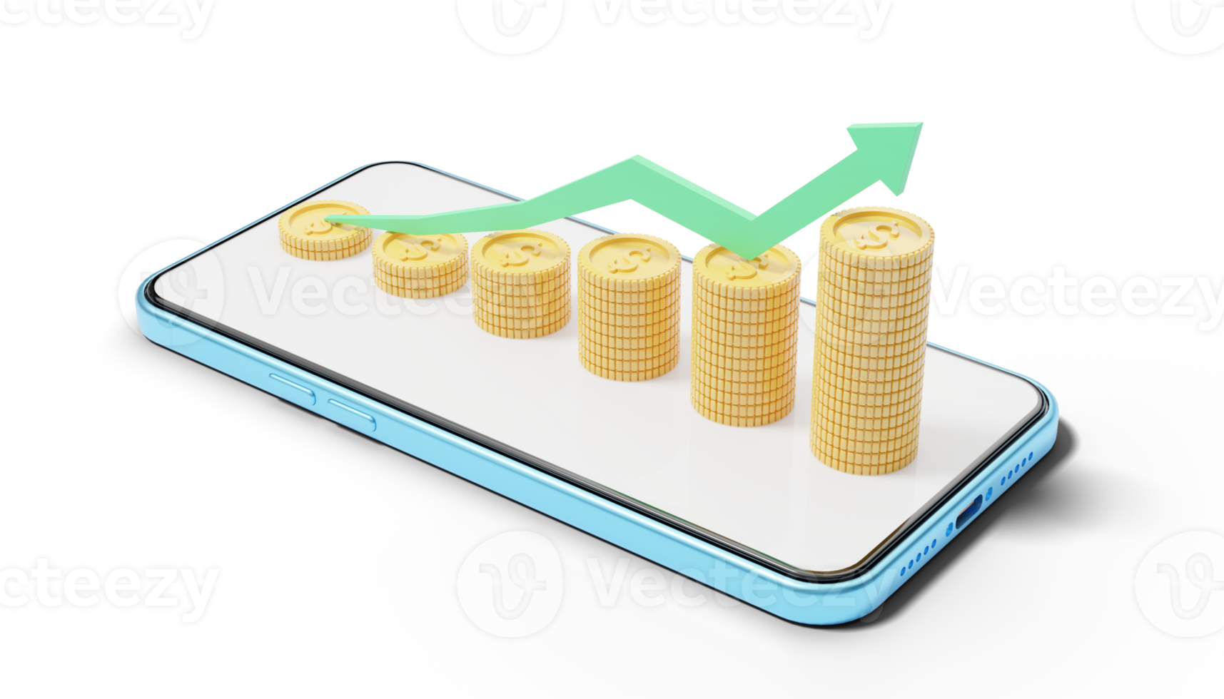 oro monete pila grafico con verde freccia su su blu Telefono. mobile bancario e in linea pagamento servizio, e commercio. passaggi per successo. Salvataggio ricchezza e attività commerciale finanziario concetto. 3d rendere png