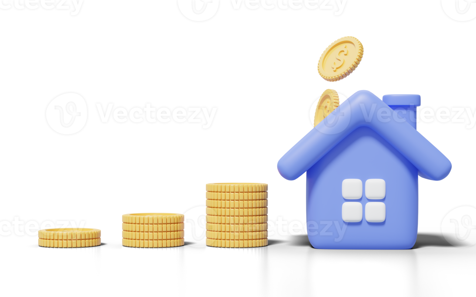 3d Gold coins stack and falling into blue house on transparent. Home model with windows, door icon. Financial investment growth concept. Mockup cartoon icon minimal style. 3d render illustration png