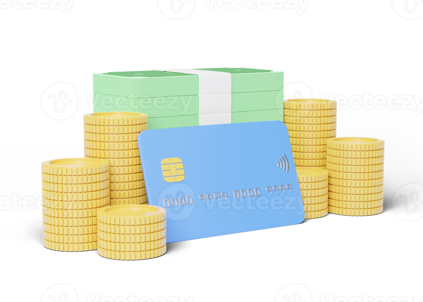 Credit card with Bundles cash, gold coins stack on transparent. Mobile banking and Online payment service. Saving money wealth and business. Bonus cash back and refund. Cashback icon 3d render. png