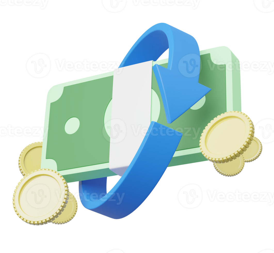 El círculo de flecha 3d agrupa el efectivo flotando en transparente. servicio de banca móvil y pago en línea. ahorrar dinero riqueza y negocios. bono de devolución de efectivo y reembolso estilo de dibujos animados. renderizado de icono 3d de devolución de dinero png