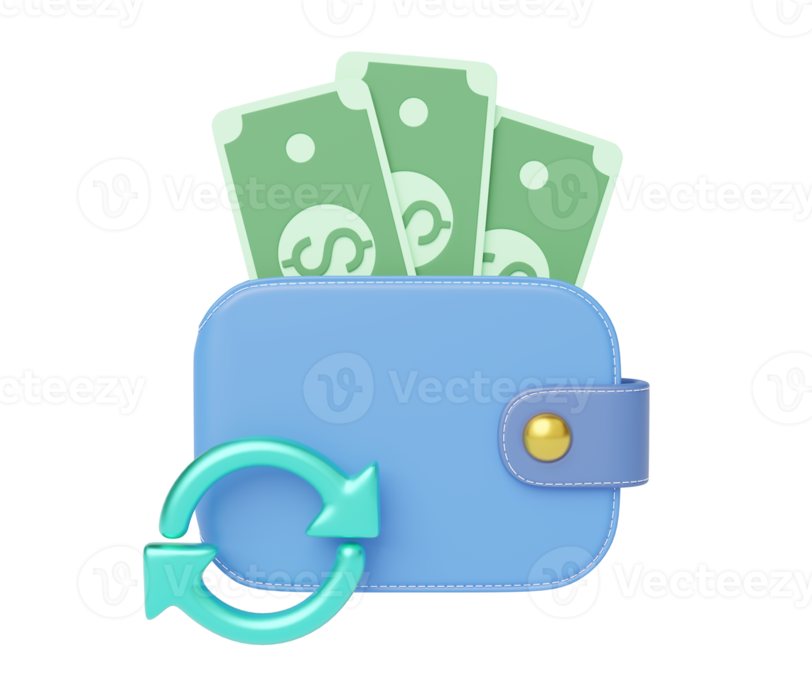 Cash money into wallet, green transfer round arrows icon float on transparent. Mobile banking and Online payment. Cash back and refund. Currency exchange. Saving money wealth concept. 3d rendering png