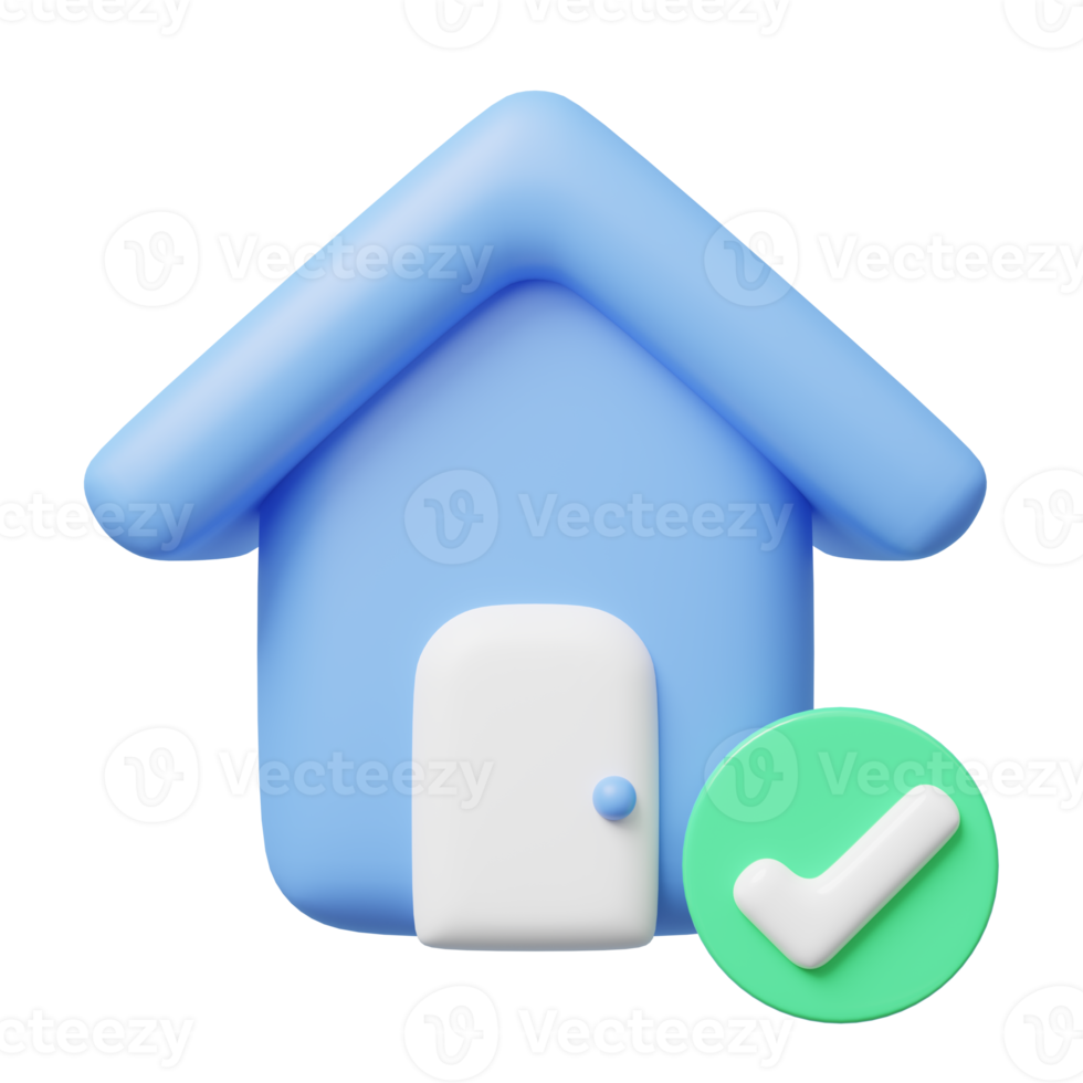 3d blue house with windows, door icon. home model, check marks floating on transparent. Business investment. Home Inspection concept. Mockup cartoon icon minimal style. 3d render illustration. png