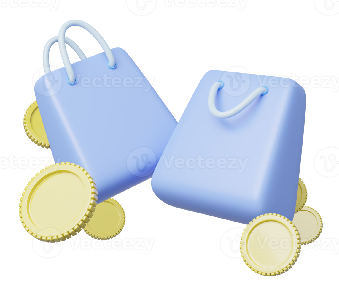 3D paper shopping bag, gold coin floating on transparent. Digital marketing online, e commerce, store app, online shopping concept. Sale promotion. Business cartoon style concept. 3d icon render. png