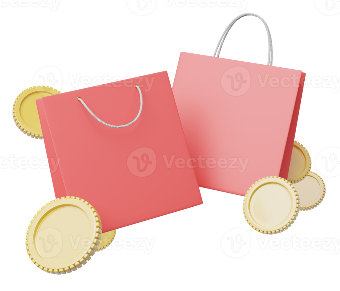 3D red paper shopping bag, gold coin float on transparent. Digital marketing online, e commerce, store app, online shopping concept. Sale promotion. Business cartoon style concept. 3d icon render. png