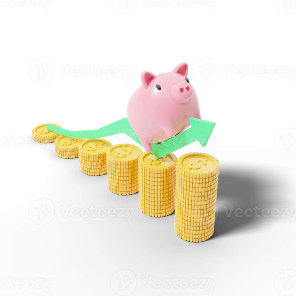 Gold coins stack with pink piggy bank running on green arrow up on transparent. Online banking and payment service. Steps to success. Saving money wealth and business financial concept. 3d render png