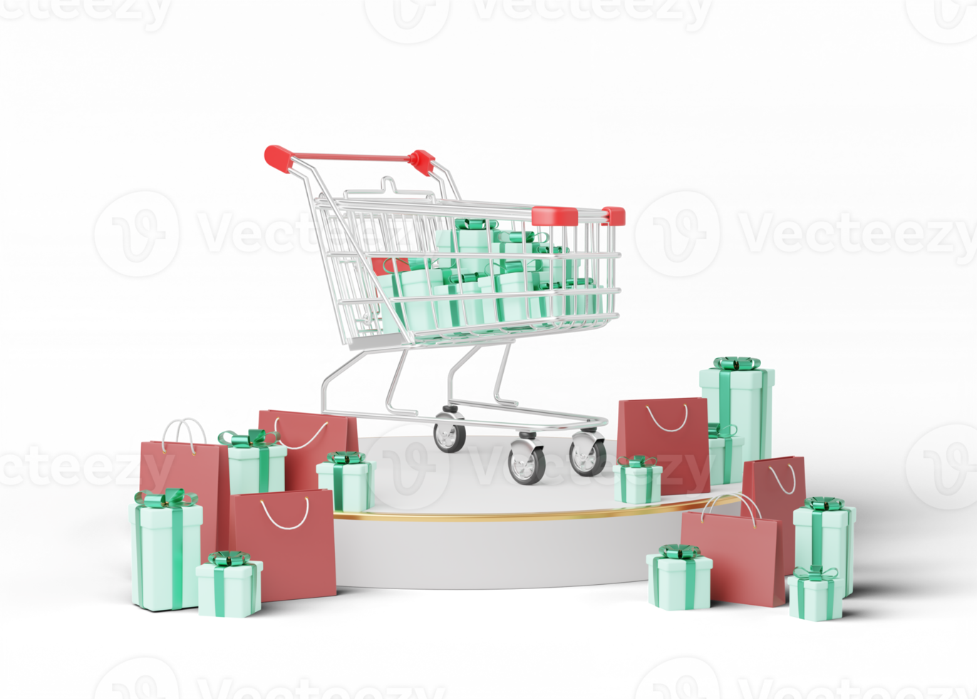 Shopping cart with white cylinder podium, green gift box, red shop bag on transparent. Marketing online and e-commerce concept. Mockup for Merry Christmas. Abstract minimal studio 3d render. png