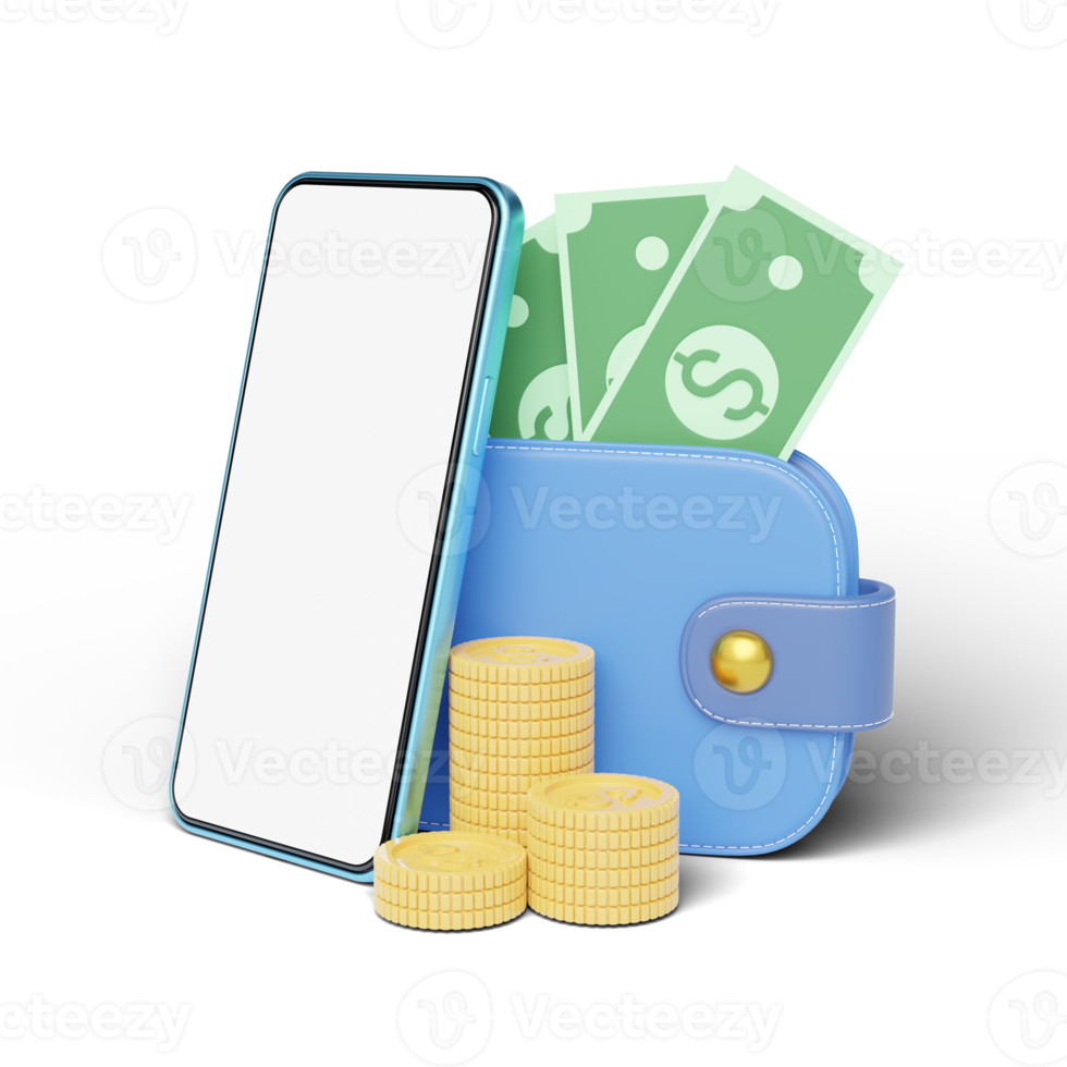 Phone with stacks coins, cash money into wallet floating on transparent. Mobile bank, Online payment service. Saving wealth and business financial concept. Smartphone transfer online. 3d render. png