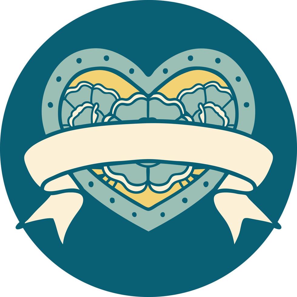 iconic tattoo style image of a heart and banner with flowers vector
