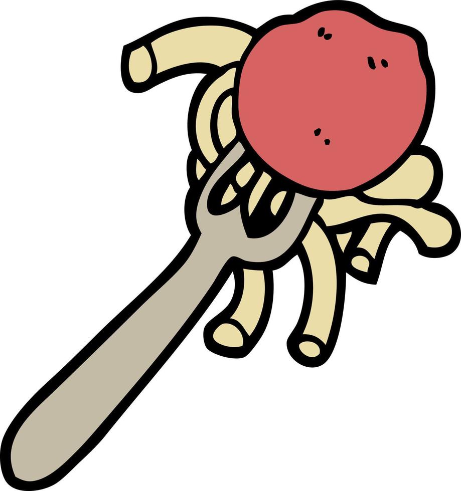 hand drawn doodle style cartoon spaghetti and meatballs on fork vector