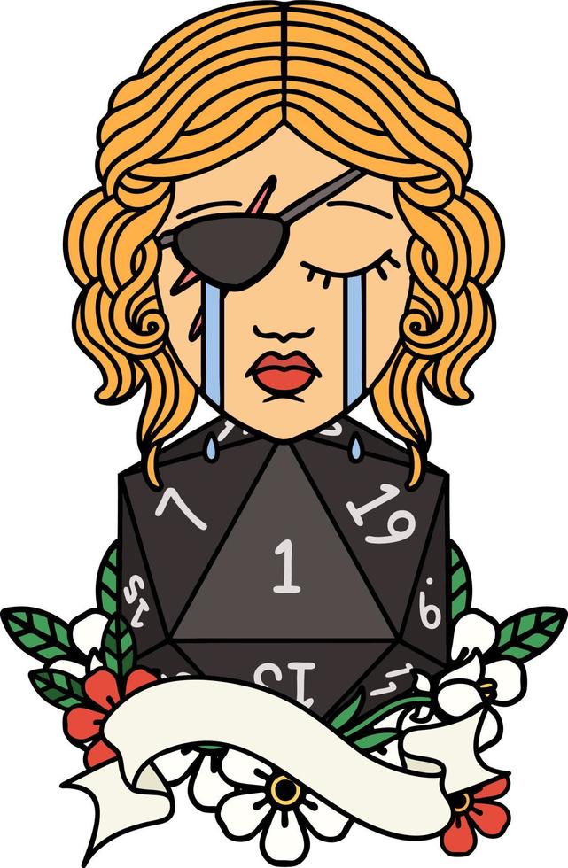 Retro Tattoo Style crying human rogue with natural one D20 roll vector